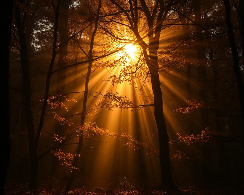 Golden light breaking through dark forest leaves