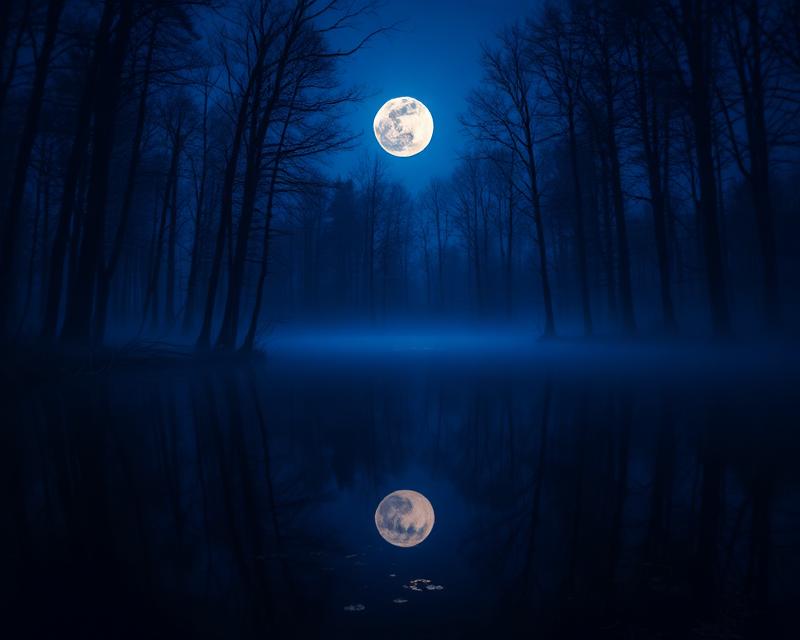 Full moon reflected in a still forest pond