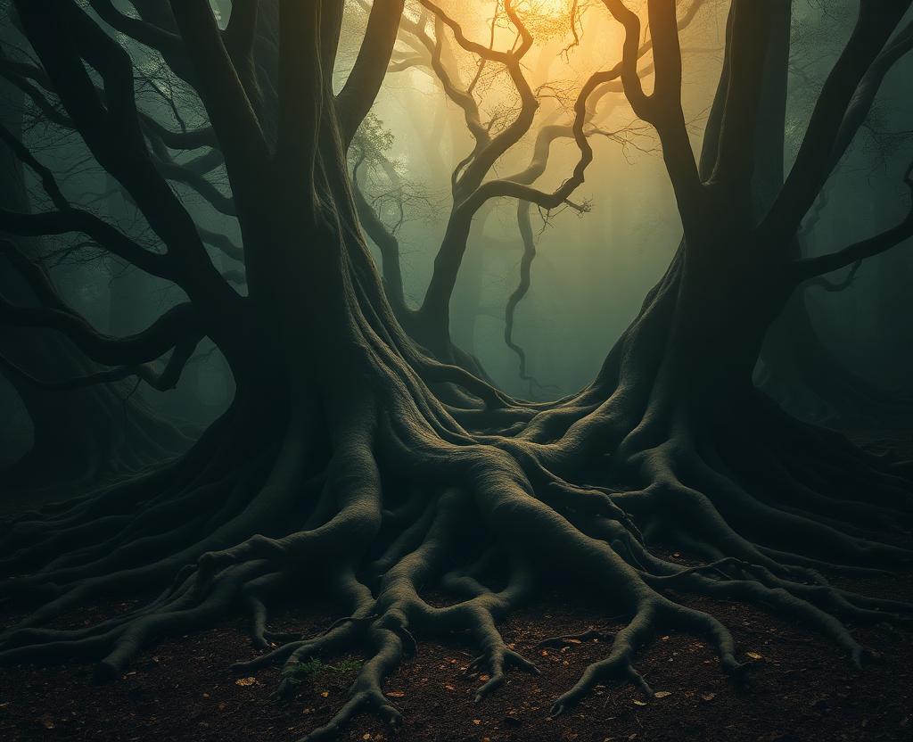 Ancient intertwined tree roots in a misty forest