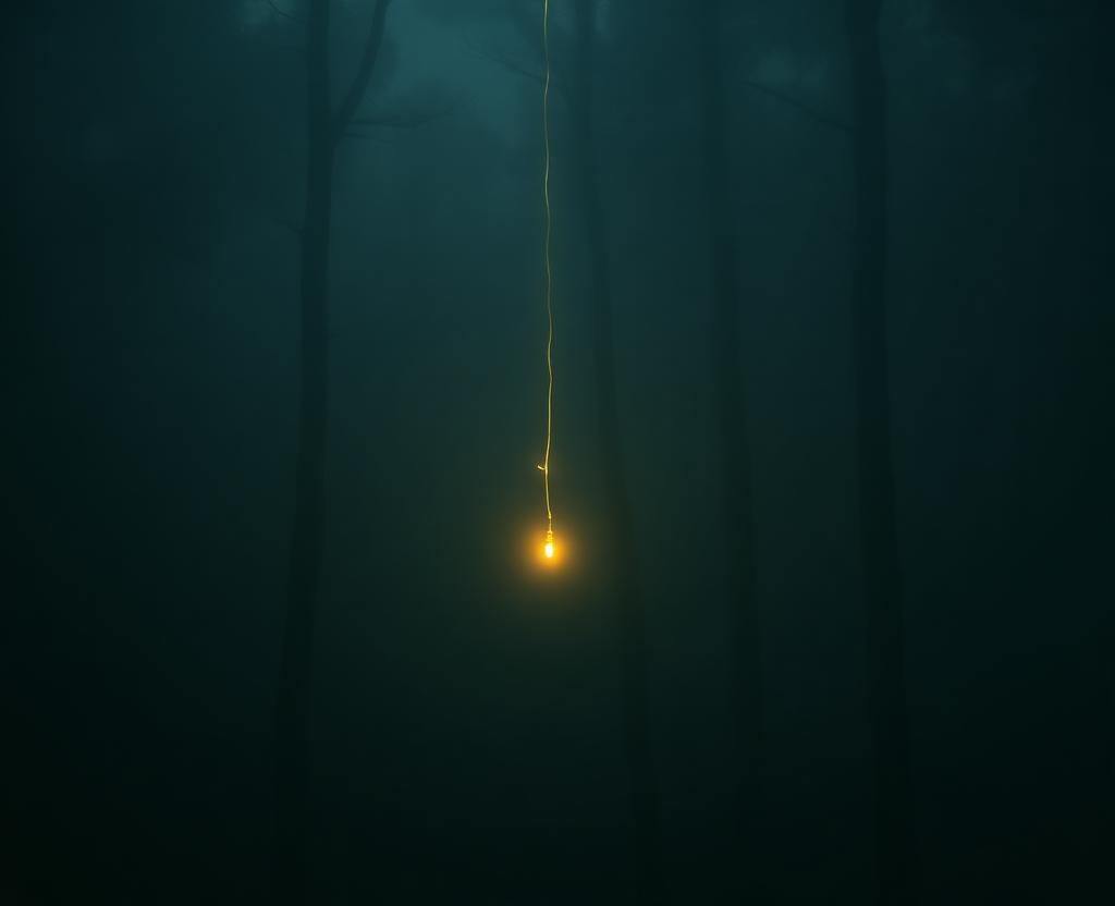 A single thread of golden light suspended in dark mist